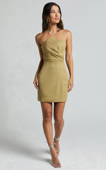 Myla Mini Dress - Strapless Draped Fitted Dress in Olive