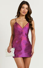 Carey Mini Dress - Strappy V Neck Bodycon Dress in Purple