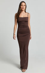 Imogen Maxi Dress - Strappy Ruched Slip Dress in Chocolate