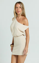 Nellie Mini Linen Dress - Linen One Shoulder Mini Dress in Biscuit