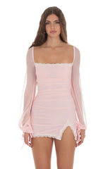 Mesh Lace Ruched Dress in Baby Pink