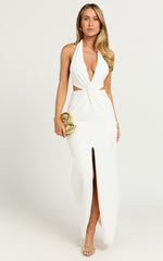 Rose Maxi Dress - Plunge Halter Front Split Dress in White