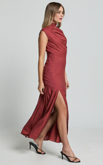 Elegant Linen Maxi Dress - High Neck Thigh Slit Slip Dress in Rust