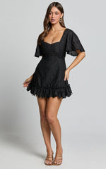 Fancy A Spritz Mini Dress - Square Neck Dress in Black Embroidery
