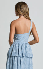 Alvinia Midi Dress - One Shoulder Cut Out Tiered Dress in Light Blue