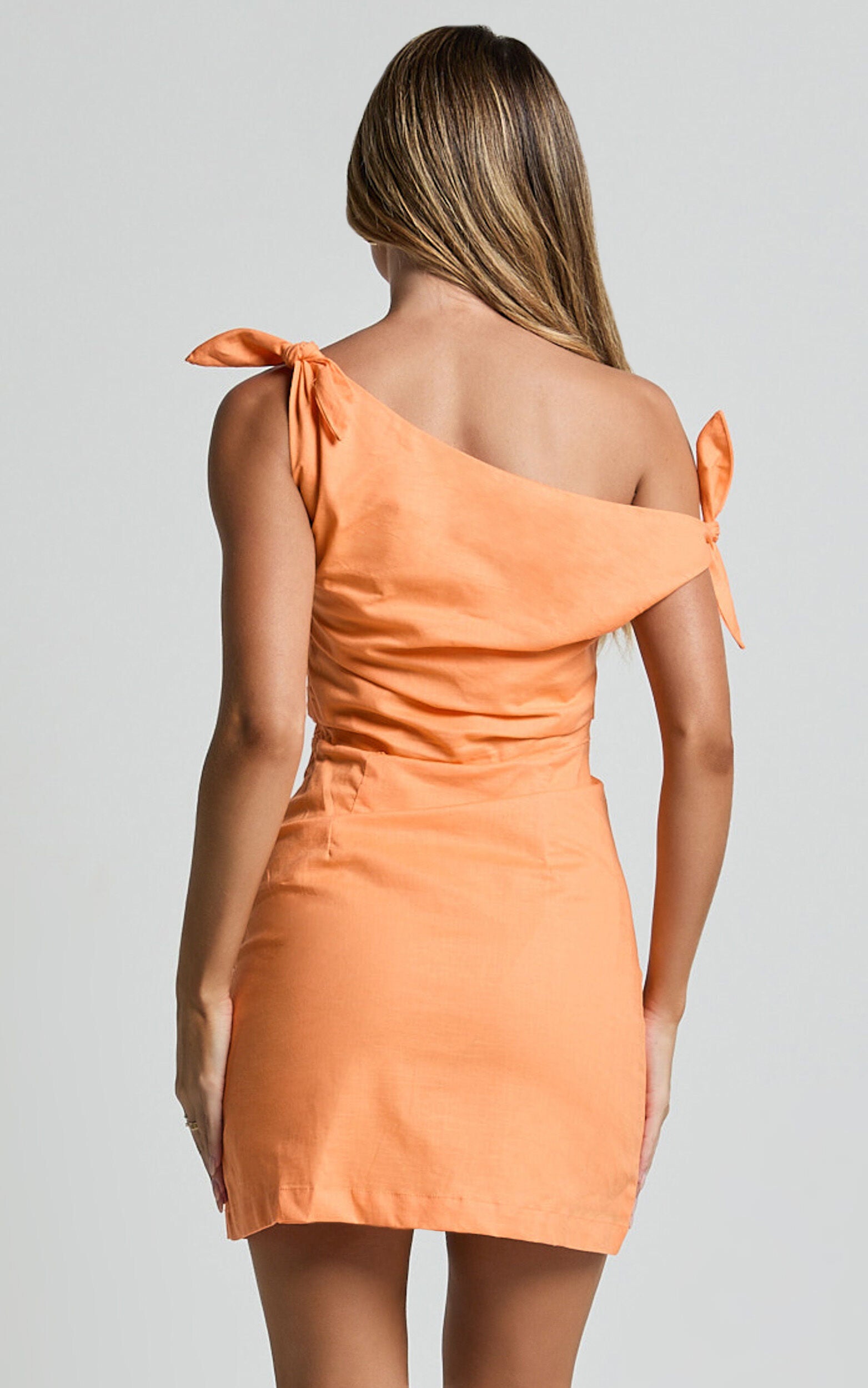 Jeofina Mini Dress - Off The Shoulder Linen Look Dress in Orange