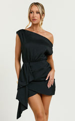 Niana Mini Dress - Drape One Shoulder Dress in Black