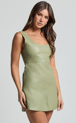 Alvera Mini Dress - Square Neck Sleeveless A Line Dress in Sage