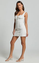 Flynn Mini Linen Dress - Lace Trim Square Neck Tie Front Dress in Ivory
