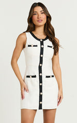 River Mini Dress - Boucle Button Through A Line Dress in White