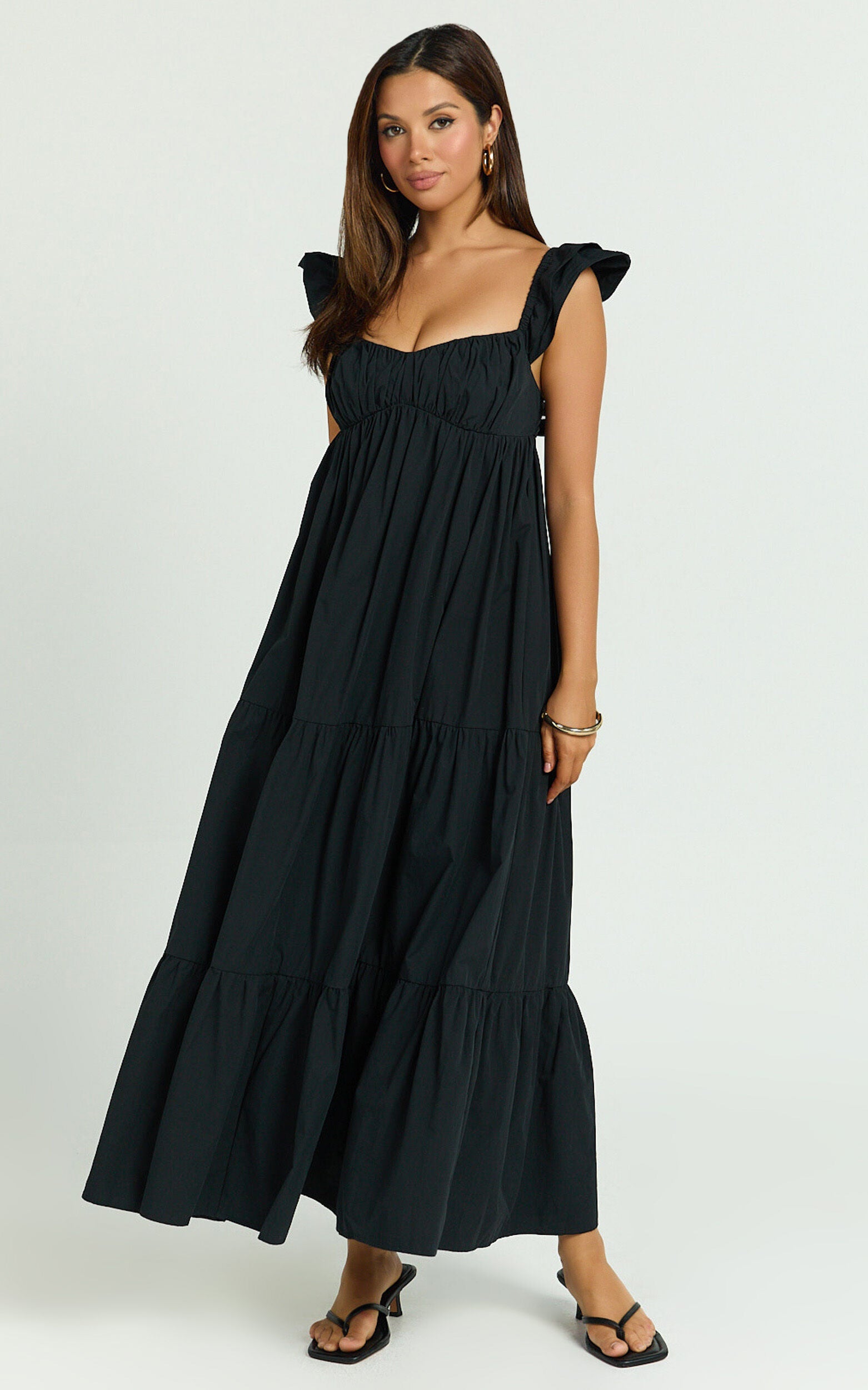 Brienne Midi Dress - Flutter Sleeve Tie Back Dress in Black
