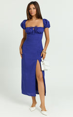 Robin Midi Linen Dress - Puff Sleeve High Split Dress in Navy
