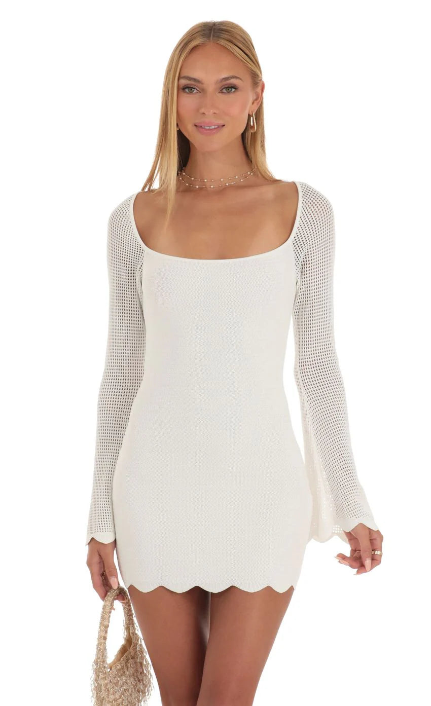 Crochet Bell Sleeve Dress in White