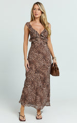Alessa Maxi Dress - V Neck Frill Detail Empire Waist Back Cut Out Dress in Tonal Leopard