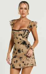 Athena Mini Dress - Floral Burnout Lace Trim Slip Dress in Brown and Black Burnout