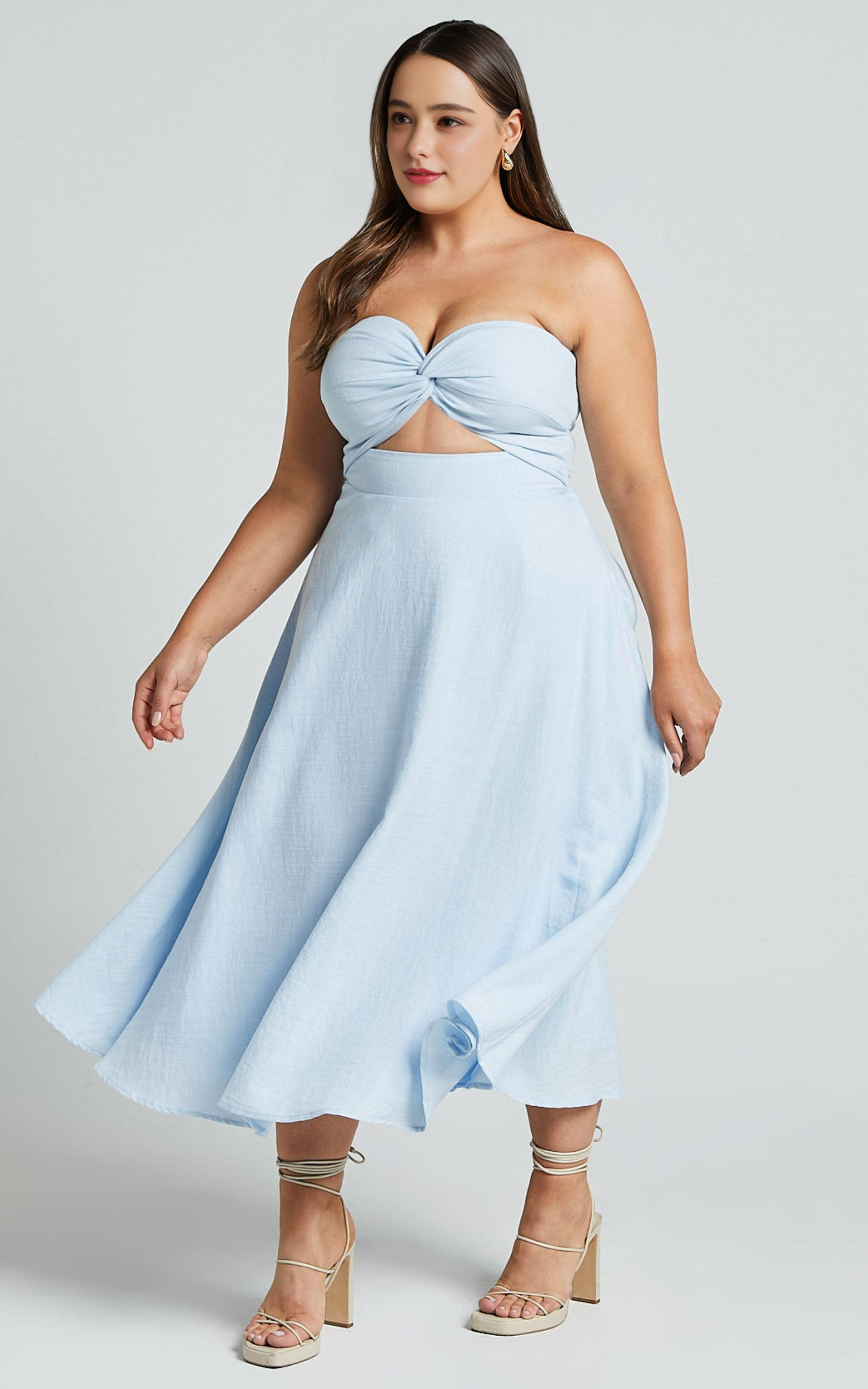 Twist Strapless Cocktail Midi Dress in Ice Blue