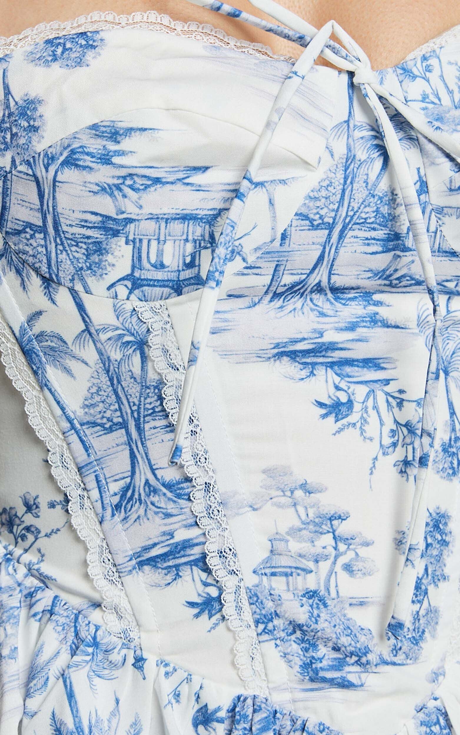 Idris Mini Dress - Lace Trim Corset Lace Up Back Dress in Toile De Jouy Print