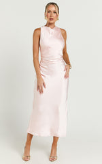 Aluna Midi Dress - High Neck Cross Back Satin Slip Dress in Soft Pink