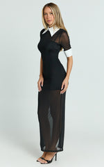 Renata Maxi Dress - Short Sleeve Contrast Collar Bodycon Dress in Black