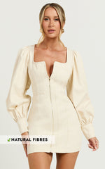 Desiree Mini Dress - Long Sleeve Zip Front Dress in Natural