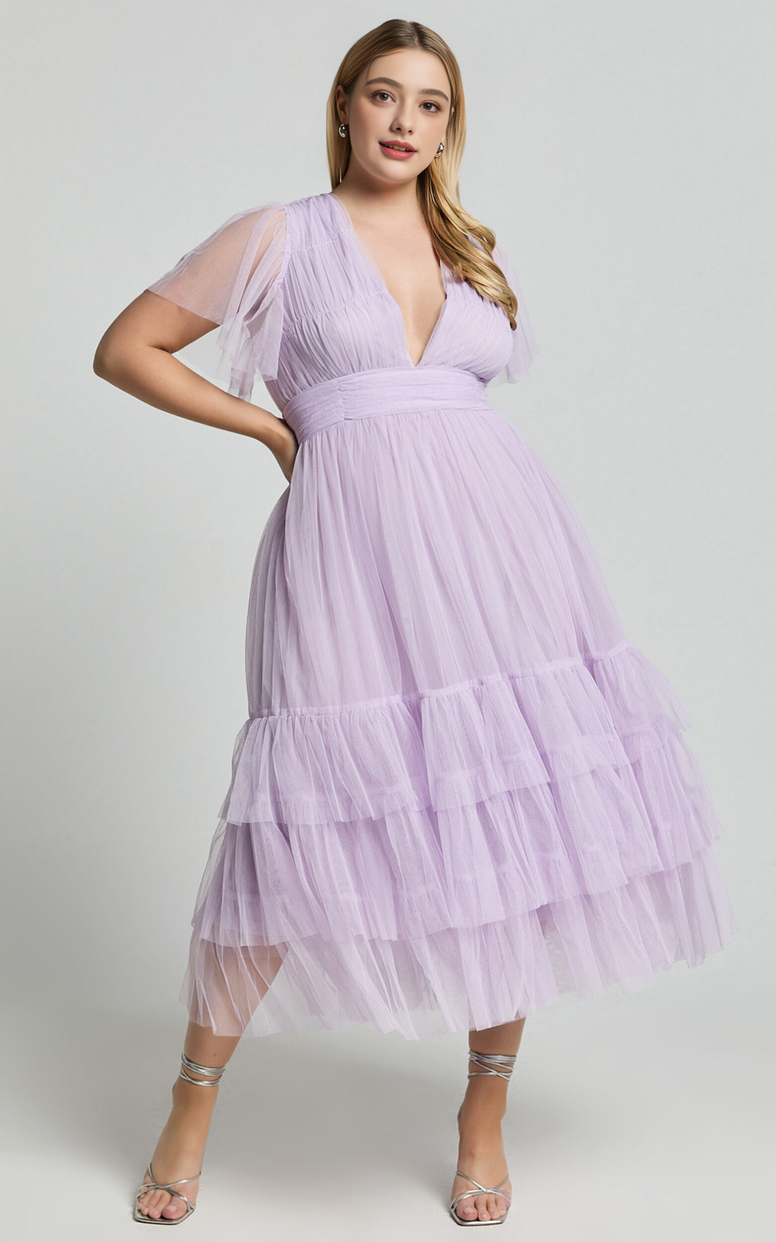 Jiraye Lilac Midi Dress – Tulle Flutter Sleeve V-Neck A-Line Elegance