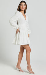 Brenda Mini Dress - Long Puff Sleeve Wrap Linen Blend Dress in Ivory