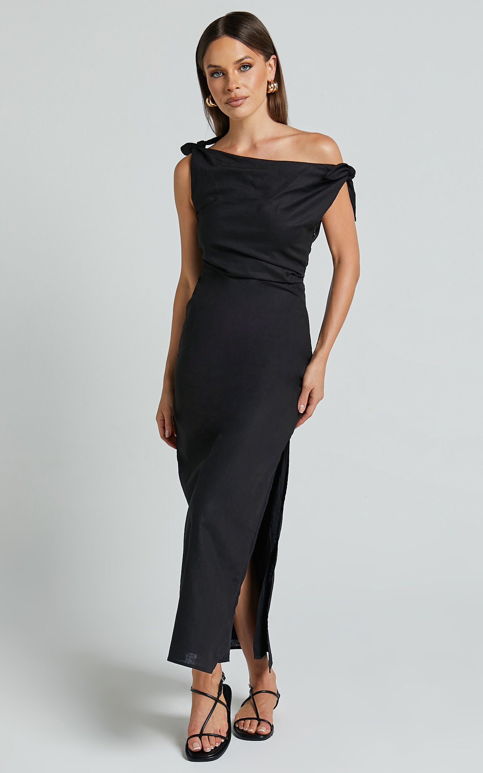 Cincinnati Midi Dress - Off The Shoulder Side Split Column Linen Dress in Black