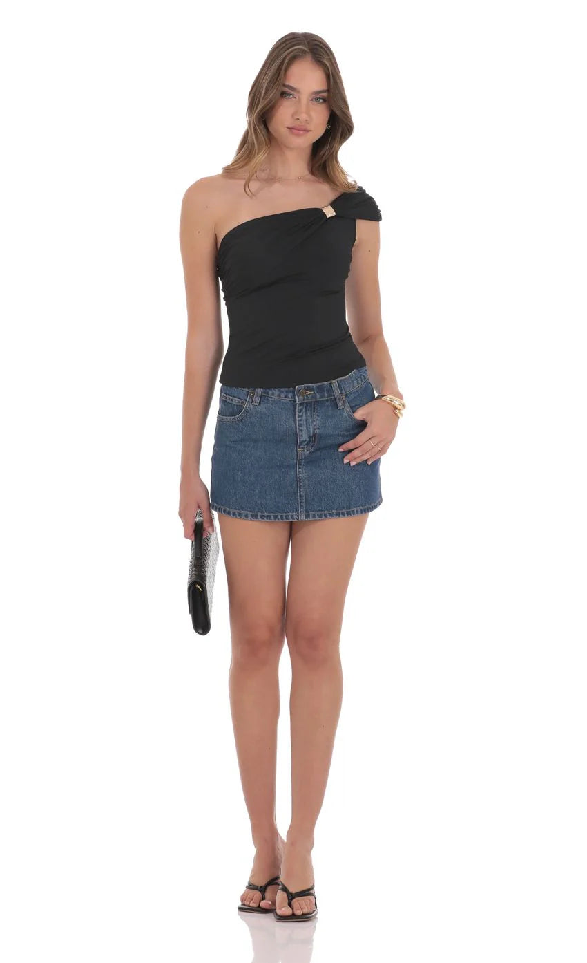 Embellished Capped One Shoulder Top in Black