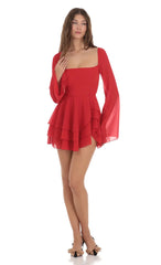 Chiffon Bell Sleeve Dress in Red