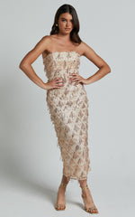 Variel Midi Dress - Strapless Fringe Sequin Dress in Champagne
