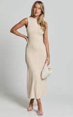 Selena Midi Dress - High Neck Sleeveless Slip Dress in Natural
