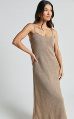 Jessie Midi Dress - Knitted Strappy Scoop Neck Slip Dress in Mushroom