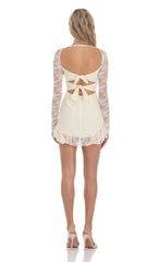 Long Lace Sleeve Ruffle Dress in Cream