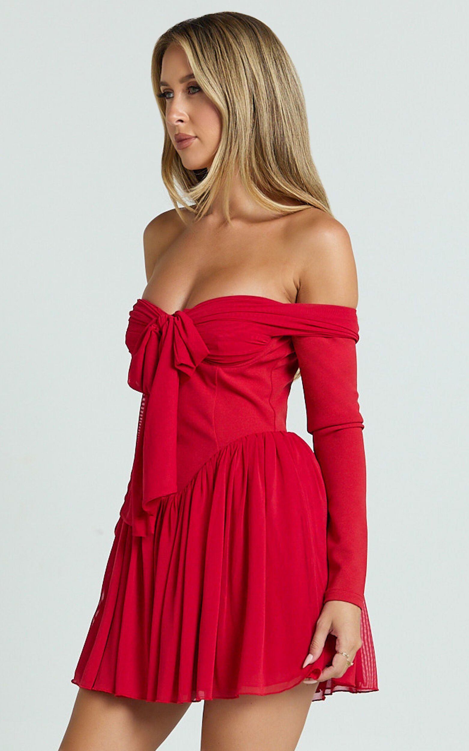 Bennett Mini Dress - Off Shoulder Long Sleeve V Waist Dress in Red