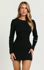 Victoria Mini Dress - Long Sleeve Ribbed Jersey Dress in Black