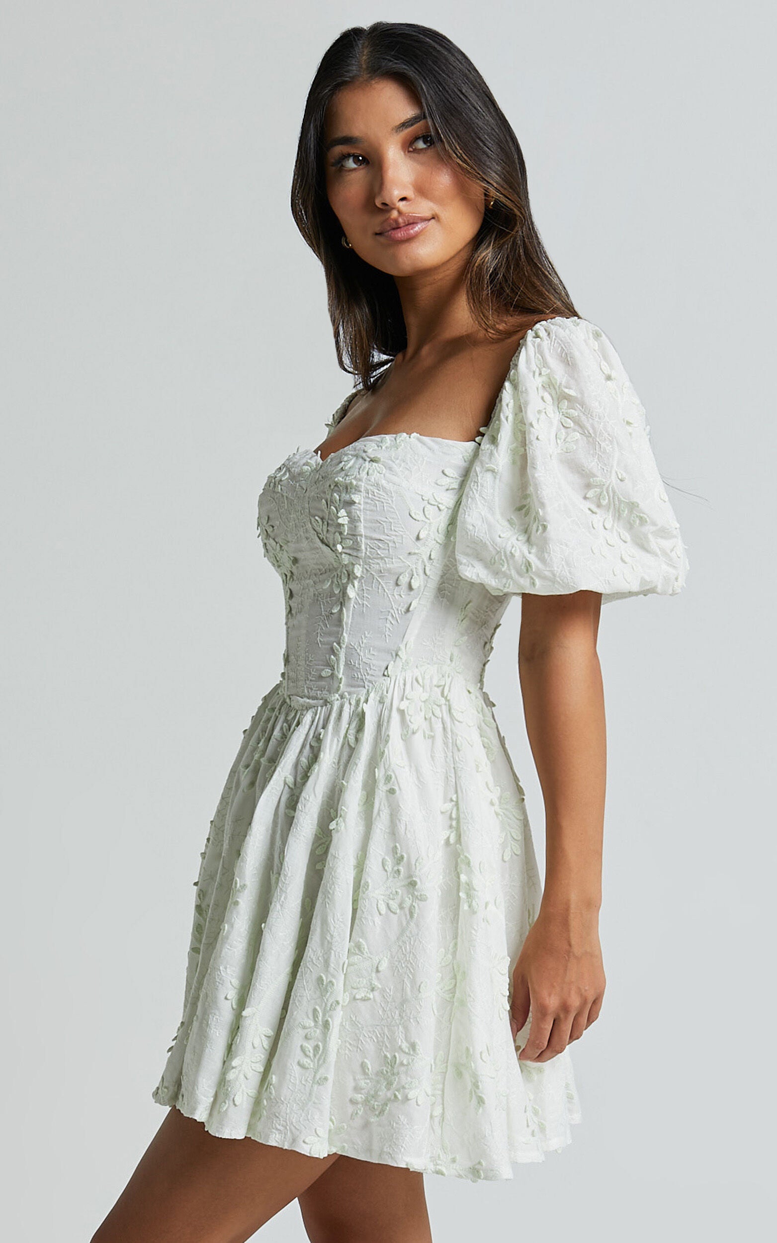 Esthela Mini Dress - Embroidered Square Neck Short Puff Sleeve Corset in Pale Mint