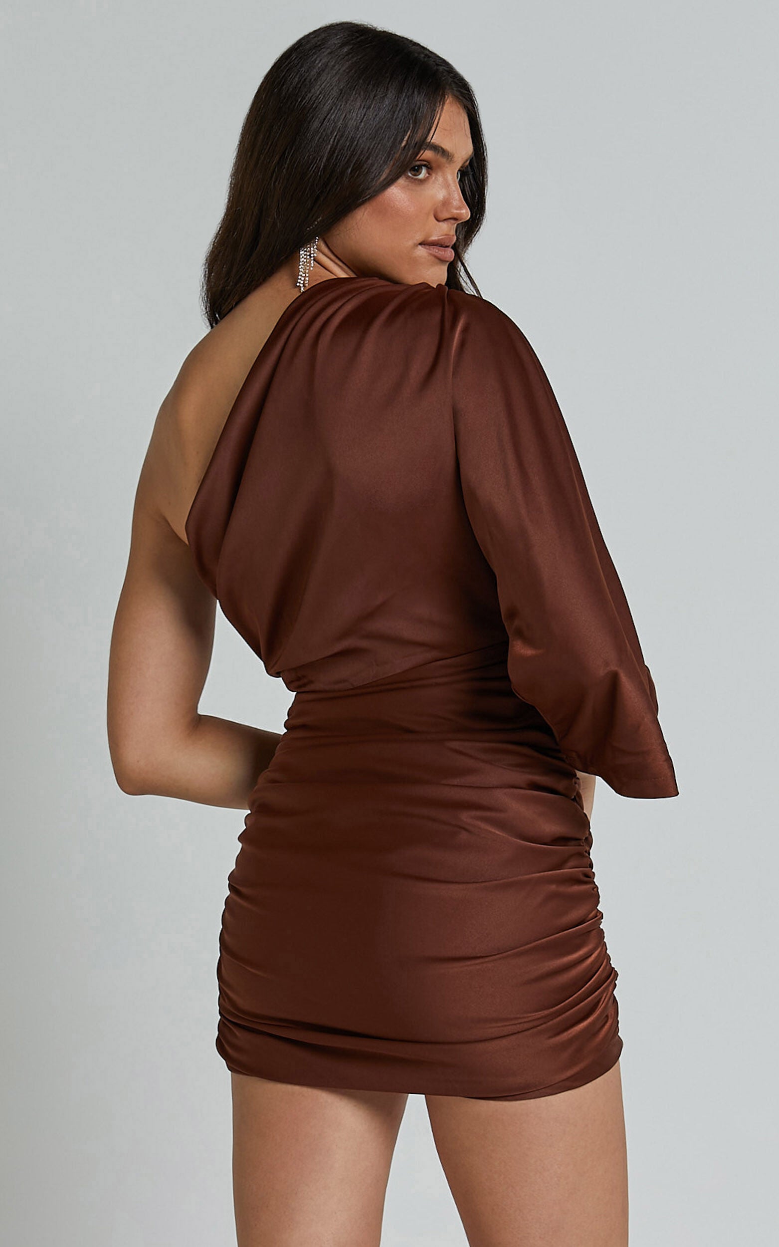 Carolleen Mini Dress - One Shoulder Ruched Bodycon Satin Dress in Chocolate