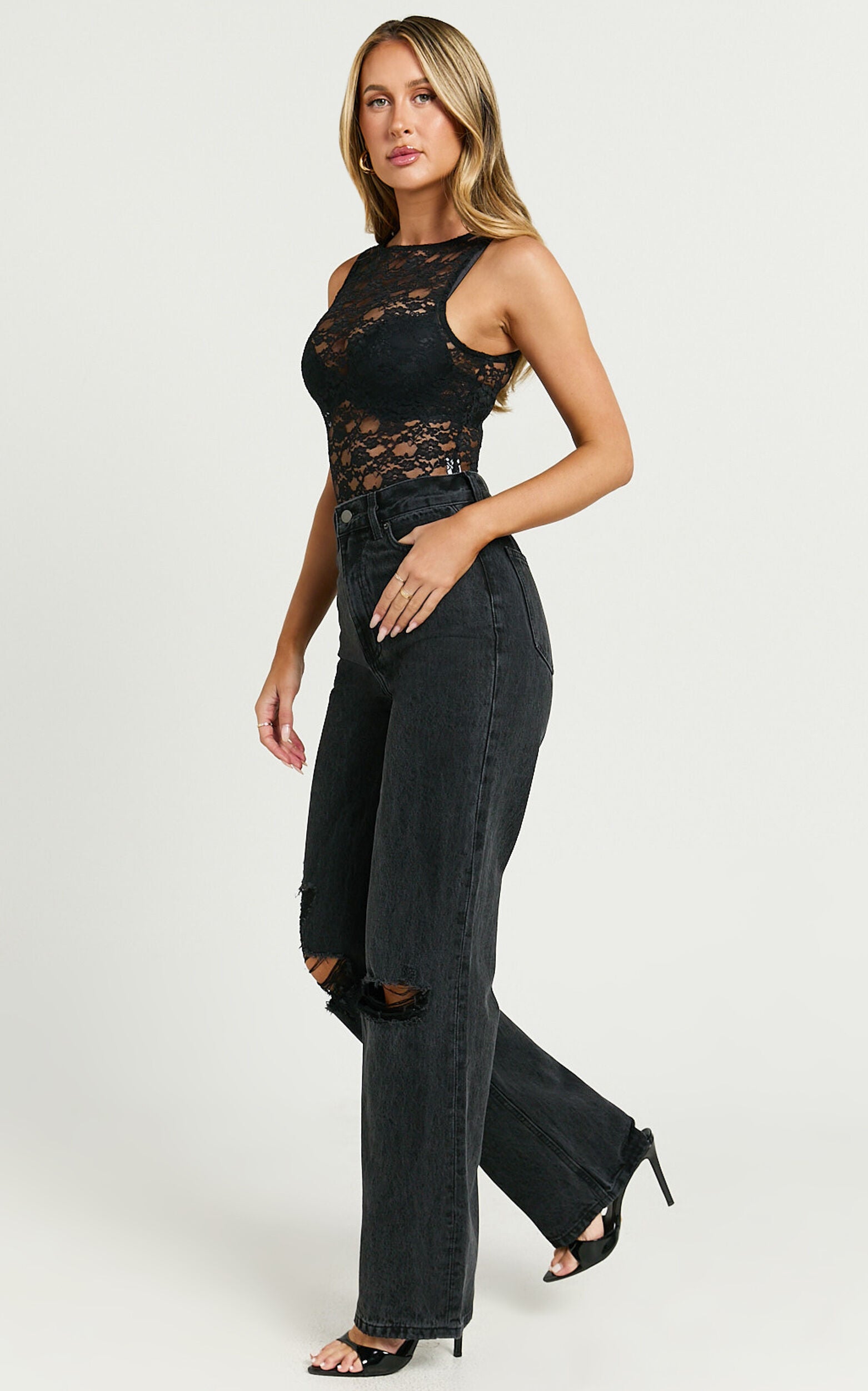 Miho Jeans - High Waisted Recycled Cotton Distressed Straight Leg Denim Jeans in Washed Black