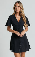 Sahar Mini Dress - Flutter Sleeve Button Through Dress in Black