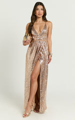 Harvey Maxi Dress - Sequin Plunge Front High Split Dress in Rose Gold