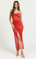 Yuna Midi Dress - Halter Twist Detail Drape Lace Dress in Red Orange