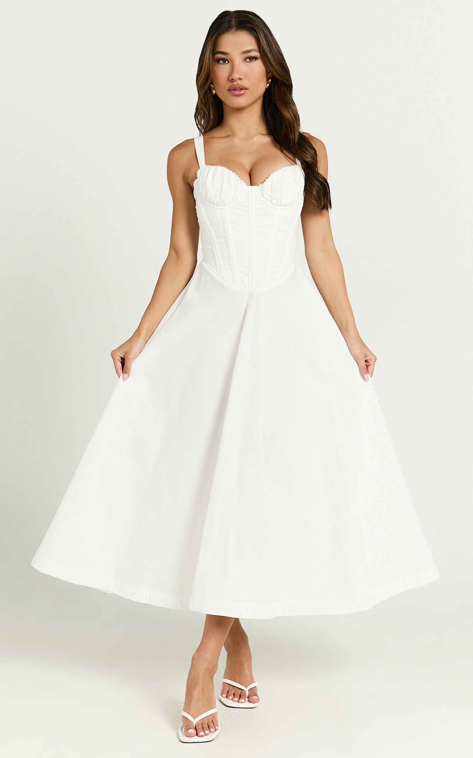 Jonas Midi Dress - Ruched Corset Lace Trim Dress in Ivory