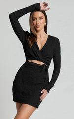 Nicky Mini Dress - Textured Plunge Cut Out Dress in Black