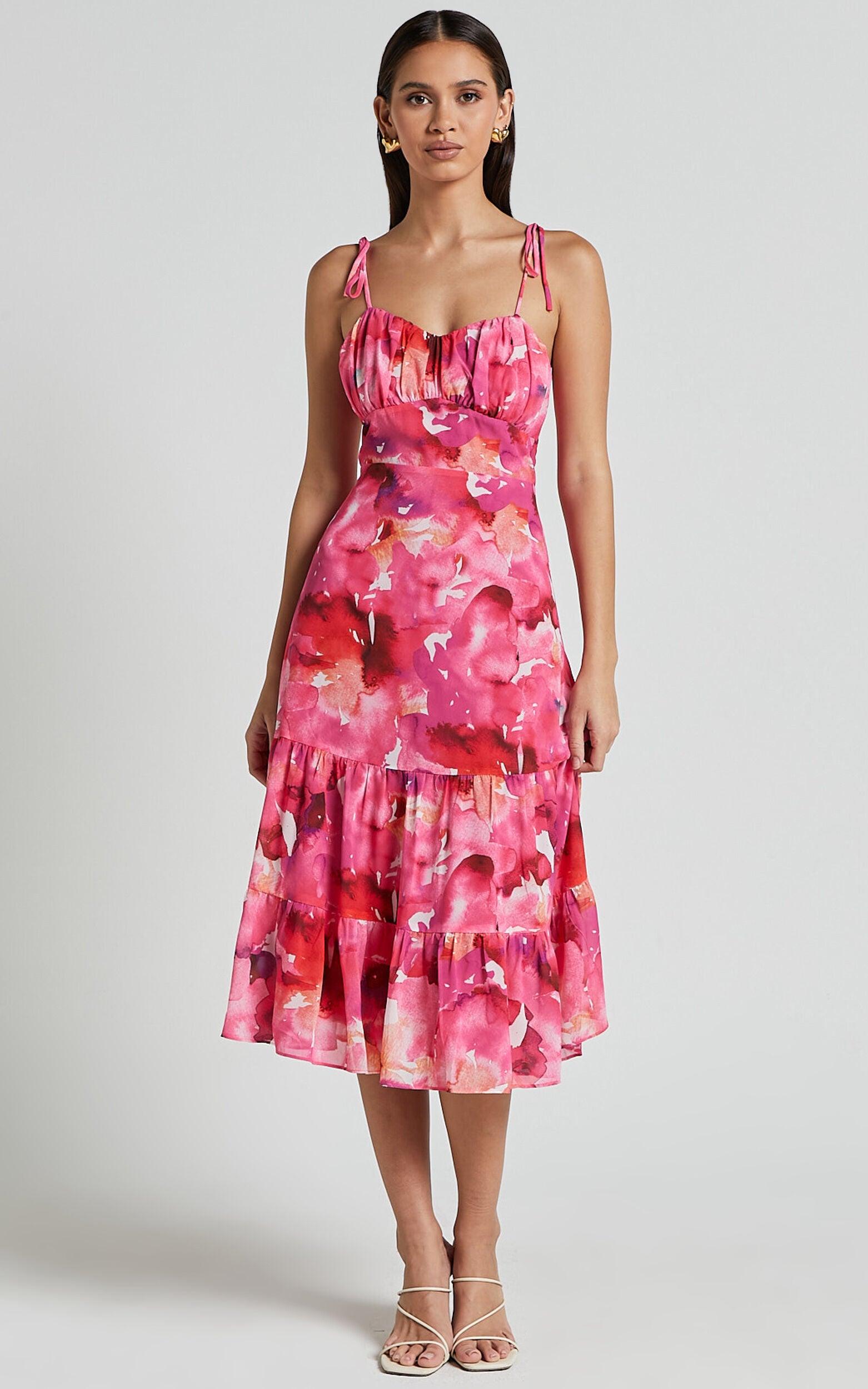 Marina Midi Dress - Tie Shoulder Ruched Bust Dress in Evie Print