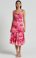 Marina Midi Dress - Tie Shoulder Ruched Bust Dress in Evie Print
