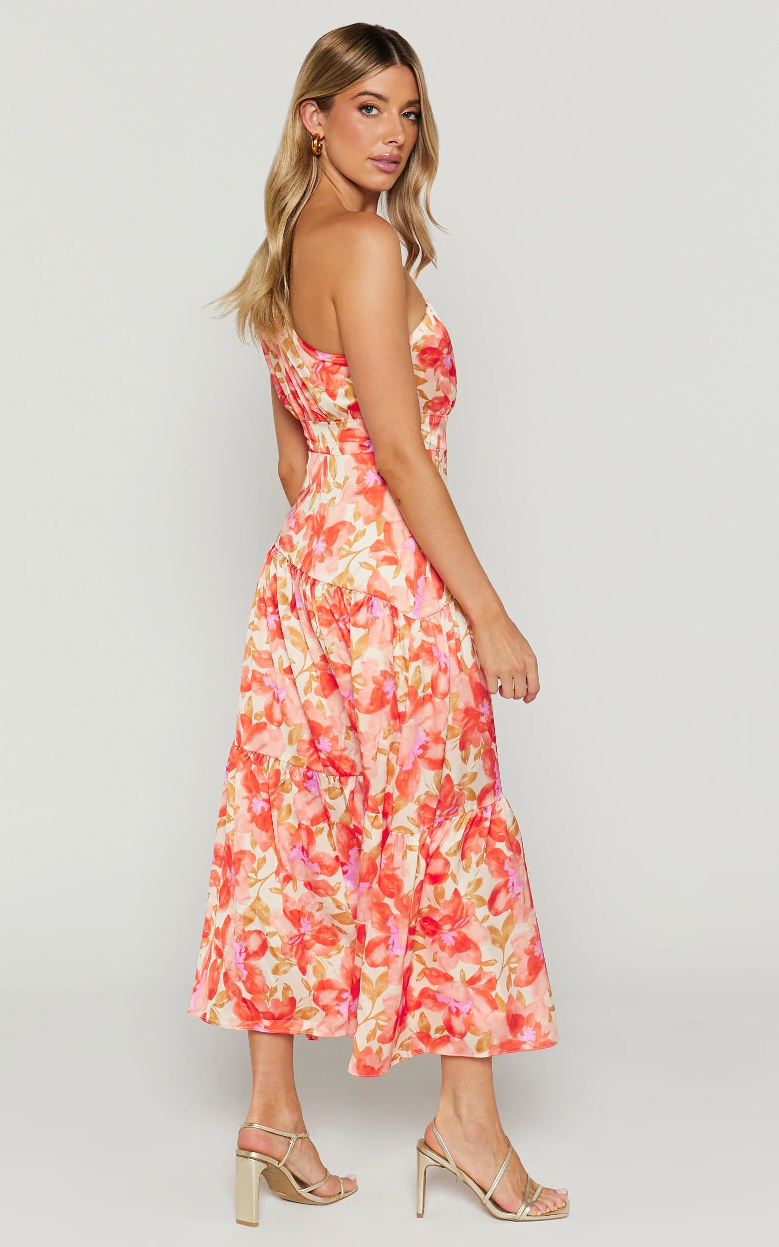 Georgine Midi Dress - One Shoulder Ruched Tiered Dress in AUTUMN FLORAL