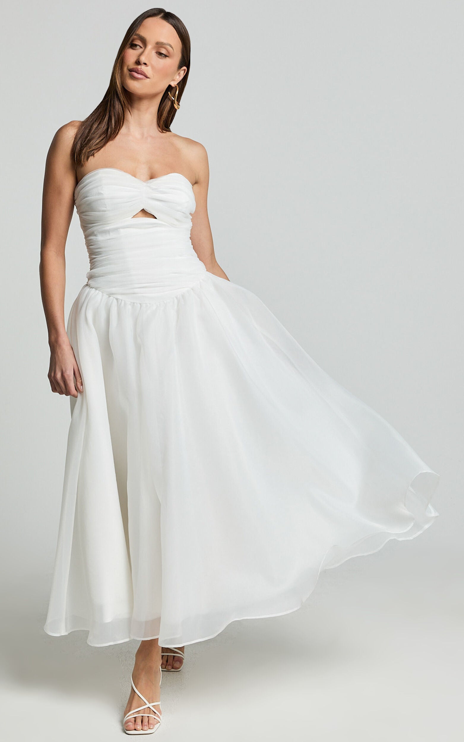 Madalyn Midi Dress - Strapless Sweetheart Bustier Dress in White