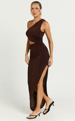 Kala Midi Dress - One Shoulder Cut Out Side Split Dress in Chocolate