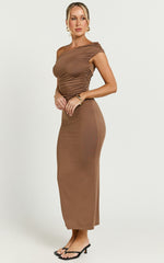 Yolanda Midi Dress - Off Shoulder Ruched Side Jersey Dress in Mocha