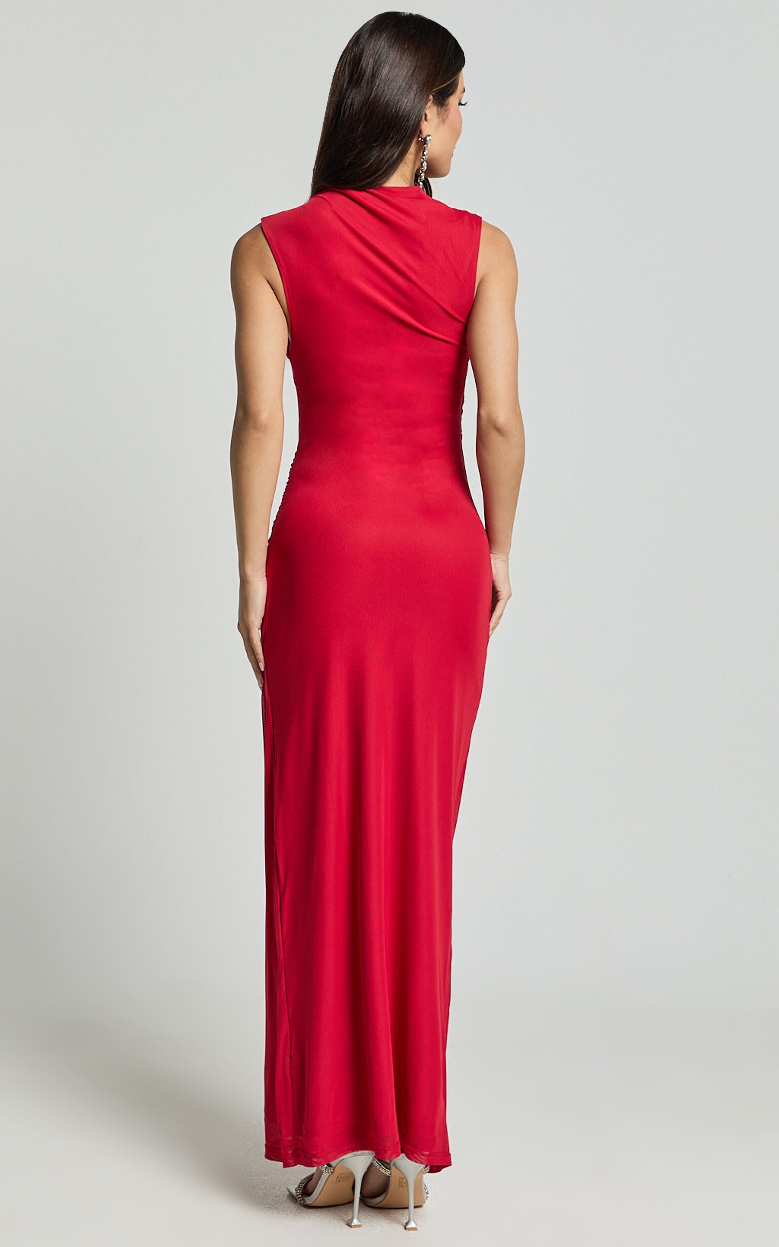 Lara Midi Dress - Asymmetrical Ruched Mesh Dress in Red